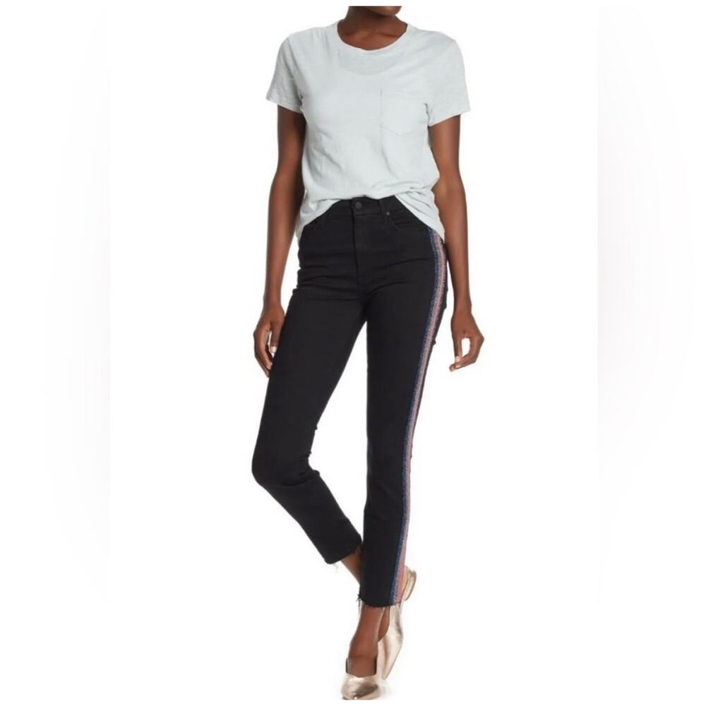 MOTHER‎ High Waisted Looker Ankle Fray Guilty Glitter Racer Black Jeans